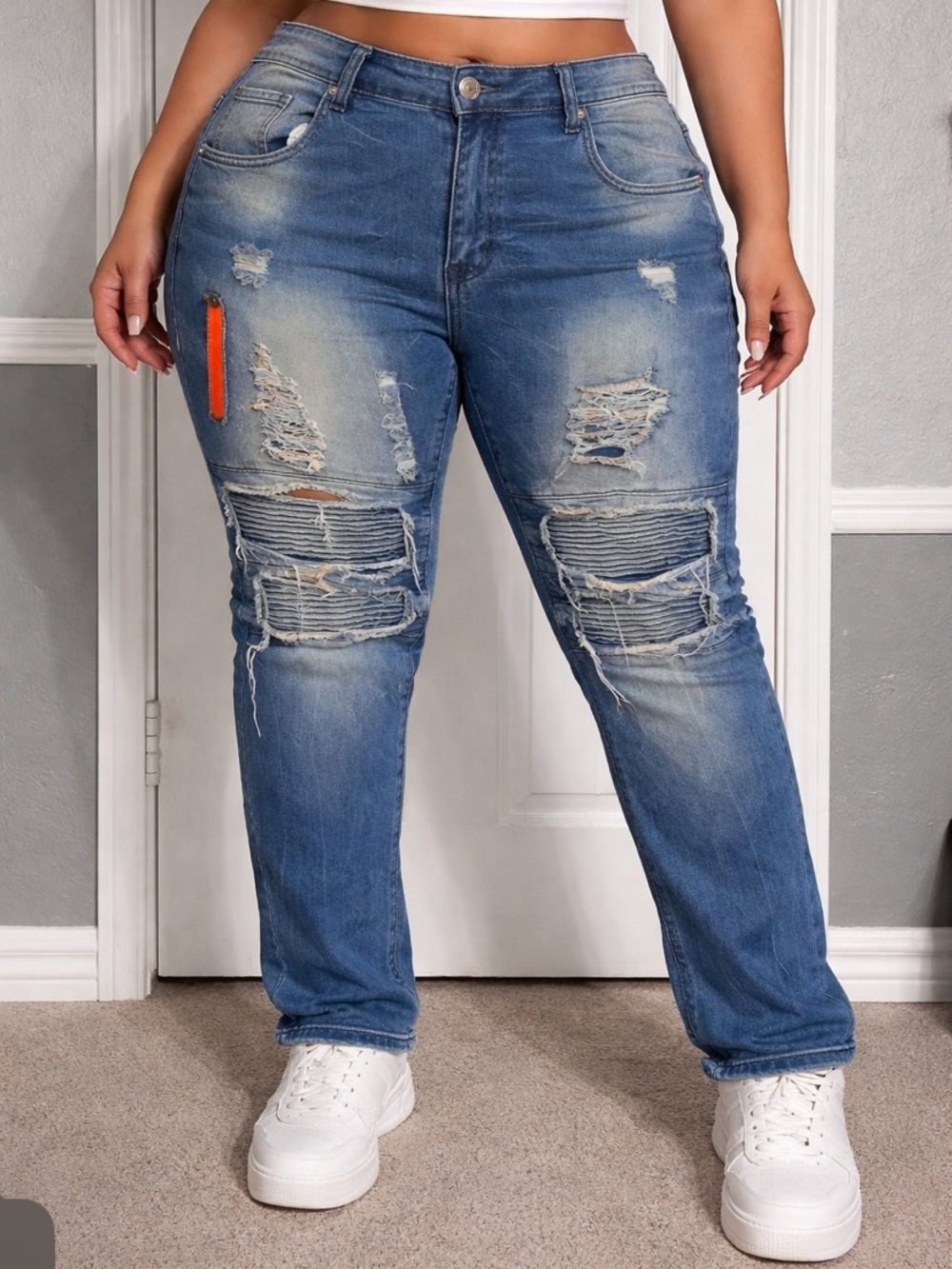 Distressed Blue Plus-Size Boyfriend Jeans